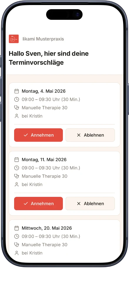 Terminvorschläge-Portal von likami — Patient nimmt Termin auf dem Smartphone an