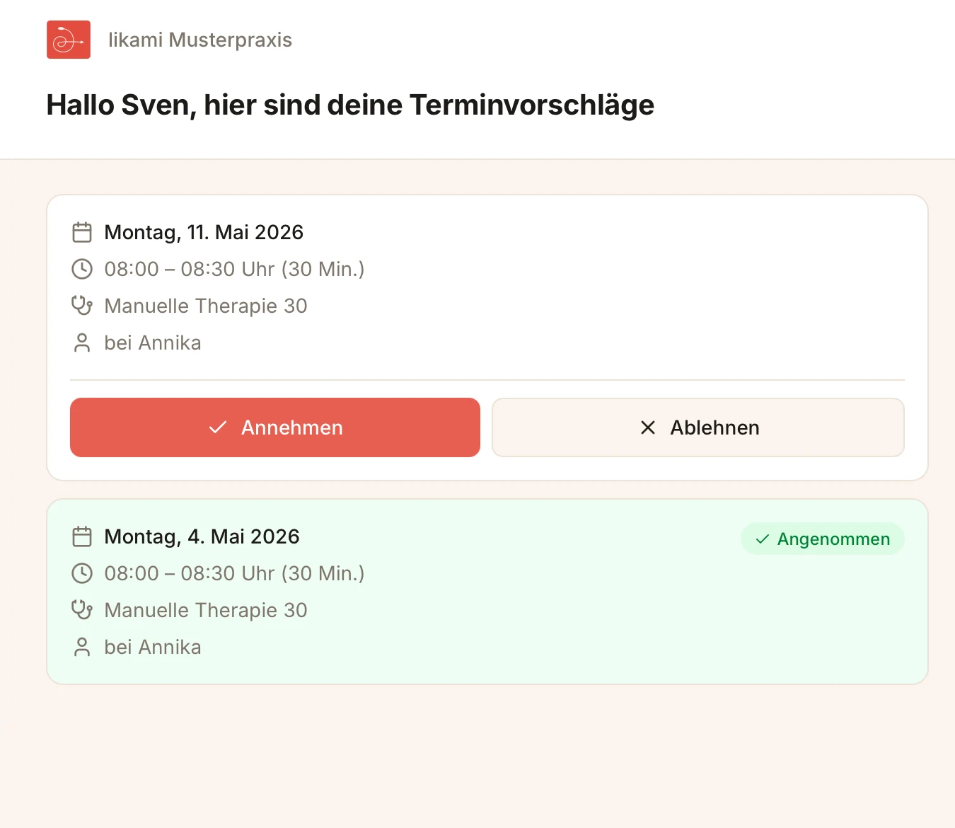 Terminvorschläge — ein Termin angenommen